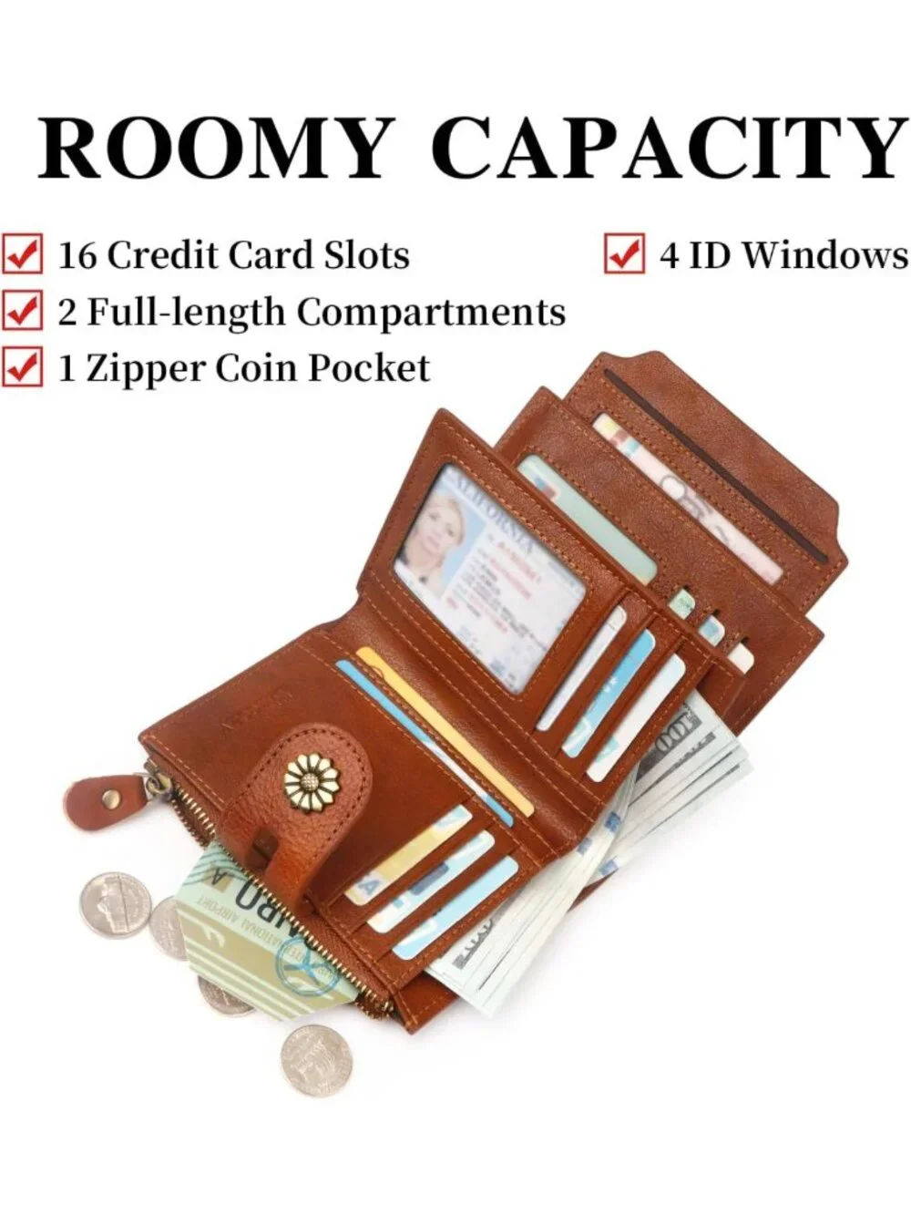 Compact RFID Blocking Leather Wallet for Women, Bifold Card Holder with ID